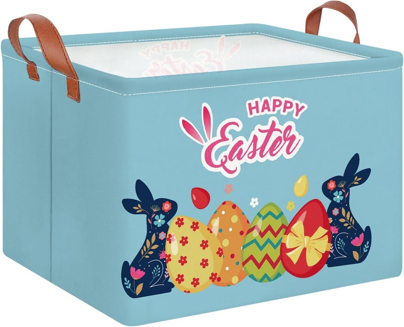 CLOCOR Rectangular Blue Easter Egg Gift Basket Empty,Waterproof Storage Basket with Handles,Room Decor(Blue Easter Bunny) - Image 1